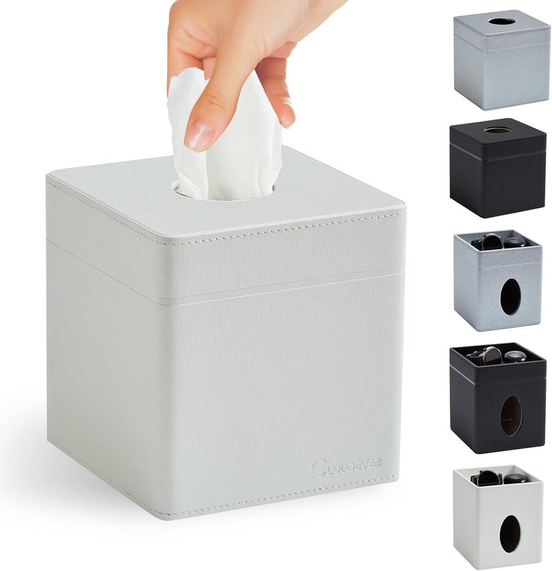 cloudever Tissue Box Holder Cover, Modern PU Leather Square Decorative Tissue Holder Organizer-Woven New Off White - Image 1